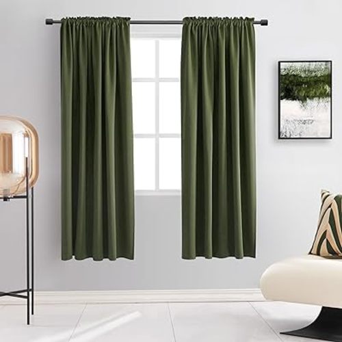 DONREN Dark Olive Green Blackout Curtains for Classical Dining Room Kitchen Bathroom Deco - Loden Room Darkening Thermal Insulated Window Curtain Panels for Bedroom,Set of 2 Panels,W 52 x L 63