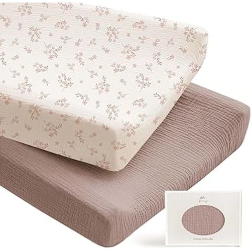 Konssy 2 Pack Muslin Changing Pad Covers for Boys, Ultra Soft & Breathable Cotton Baby Diaper Changing Table Covers, Neutral Nursery Diaper Changing Pad Sheets (Soft Blooms,Taupe)