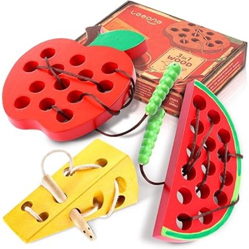 KLT Lacing Toy for Toddlers, Wooden Threading Toy Kids Travel Car Airplane Activities, Road Trip Essentials Games, Educational learning Fine Motor Skills Montessori Toys 1 Apple,1 Watermelon, 1 Cheese
