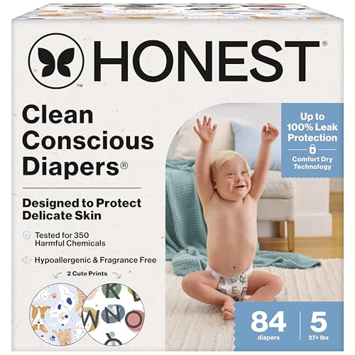 The Honest Company Clean Conscious Diapers for Sensitive Skin | Hypoallergenic, Fragrance Free | Gender Neutral Prints | Super Club Box, Size 5 (27+ lbs), 84 Count (Prints May Temporarily Vary)