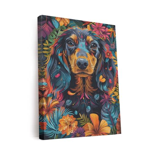 Elivita Dachshund Dog Jungle Boho Art Design 1 Vertical Canvas Wall Art Prints Pictures Gifts Artwork Framed For Kitchen Living Room Bathroom Wall Home Decor Ready to Hang
