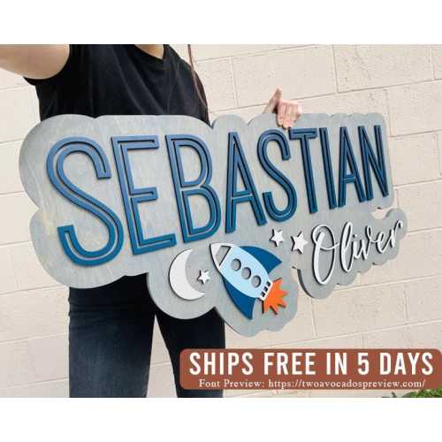 Rocket name sign, name sign, large wood name sign, space nursery name sign, above crib cut out, layered baby name sign, cut out sign