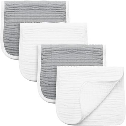 Synrroe Burp Cloths Large, Muslin Burp Cloths for Baby Girls and Boys, Pack of 4 Extra Absorbent and Soft Muslin Bibs, 6 Layers 20 by 10 Inches 100% Cotton (Grey-White 4 Pack)