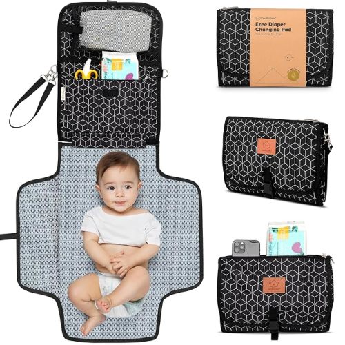 (Black Geo) KeaBabies Portable Diaper Changing Pad - Large Waterproof Baby Changing Mat, Compact Travel Diaper Clutch, Functional Pockets Fit Newborn Essentials, Wipeable & Padded Baby Changer