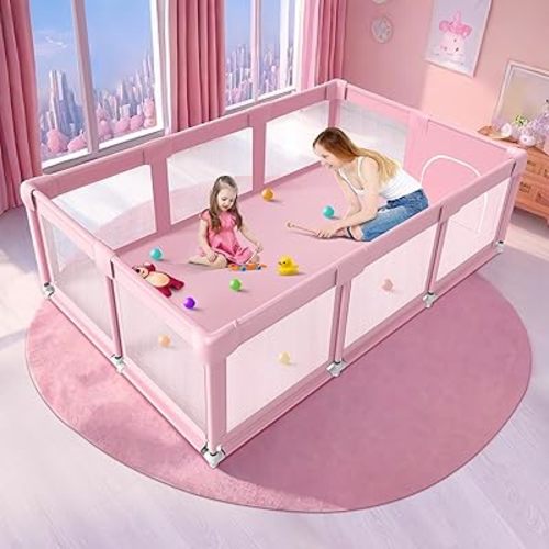 Pink Large Baby Playpen, Playpen 74x50 for Girl, Large Baby Play Yards Indoor & Outdoor, Sturdy Safety Baby Girls Play Pen with Soft Breathable Mesh, Toddlers Activity Center with Anti-Slip Base