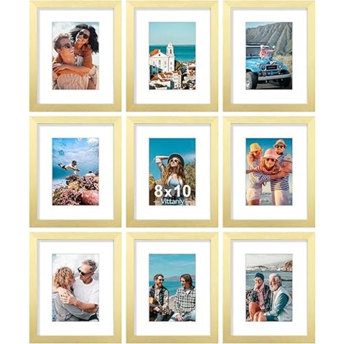 Vittanly 8x10 Picture Frames Set of 9, Shatter Resistant Plexiglass, Display 5x7 Pictures with Mat or 8x10 without Mat, Photo Frames for Wall or Tabletop, Engineered Wood, Gold