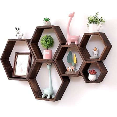 WONFUlity Hexagon Floating Shelves Honeycomb Shelves Wall Mounted Wood Farmhouse Storage Wall Shelf for Bathroom, Kitchen, Bedroom, Living Room,Driftwood Finish Decor,Dark Brwon