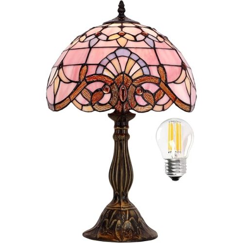 WERFACTORY Tiffany Lamp Stained Glass Table Lamp 12X12X18 Inch Pink Baroque Style Lavender Bedside Reading Desk Light Decor Bedroom Living Room Home Office S003P Series