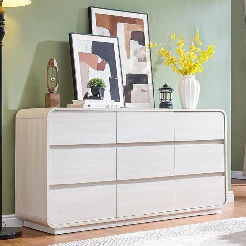 White Dressers of 9 Drawers, Chest Dresser with Deep Drawers, Modern Dresser Closet for Bedroom, Curved Drawer with Large Storage, 57’’ Wide.