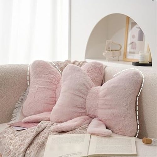 2Pack Soft Furry Bow Throw Pillows Cute Bowknot Plush Pillow Home Decor Stuffed Bow Lumbar Pillow for Bed Couch Living Room Decor (Pink)