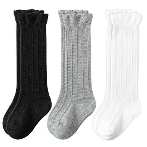 Cozyway Ruffled Knee-High Socks, 3 Pairs for Baby Girls, Black White Grey, 0-6 Months