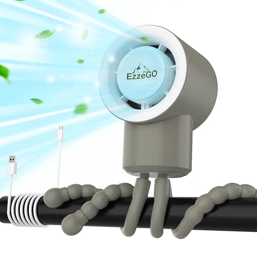 EzzeGo Portable Mini Travel Stroller Fan - Battery Operated, Clip On, Small, Handheld, Rotating, Rechargeable, Personal Fan with Flexible Tripod, 3 Speeds for Baby Crib, Bed Car, Seat Treadmill