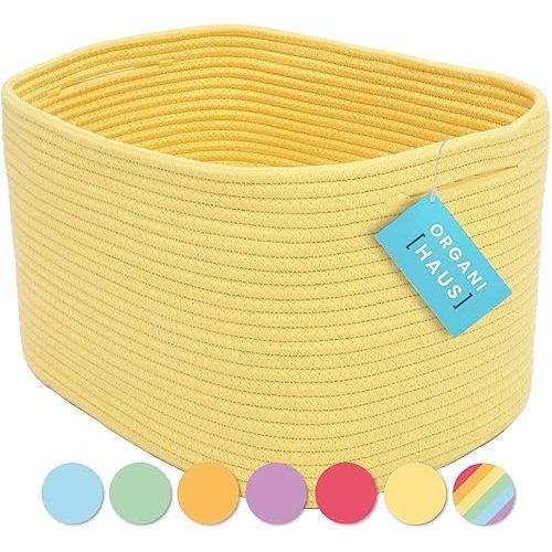 OrganiHaus Yellow Basket for Shelves, Decorative Cloth for Organizing, Cotton Rope Storage Basket for Toys, Small Woven Baskets for Storage