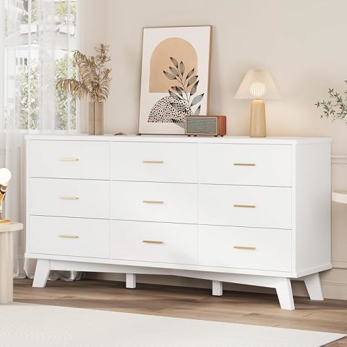 Dresser for Bedroom, 9 Drawer Wide Modern Chest of Drawers with X-Shaped Sturdy Base, Wood Double Dresser Closet Clothes Storage Organizer, Wooden TV Stand for Living Room, Hallway, White