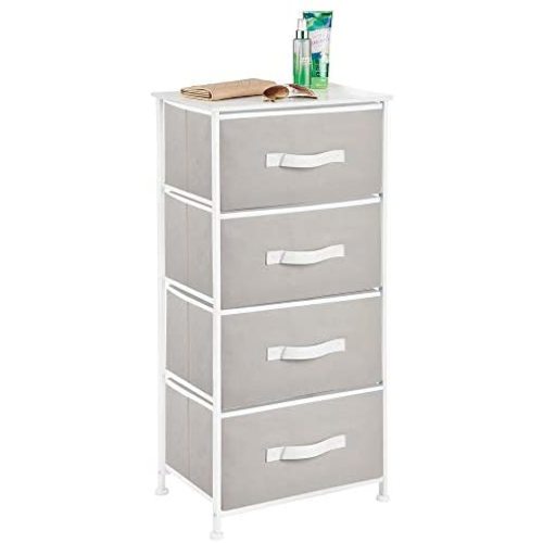 mDesign Vertical Dresser Storage Tower - Sturdy Steel Frame, Wood Top, Easy Pull Fabric Bins - Organizer Unit for Bedroom, Hallway, Entryway, Closets - 4 Drawers, Light Gray/White