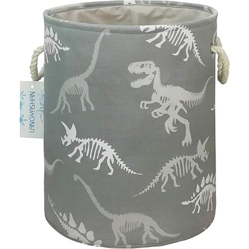 LANGYASHAN Laundry Basket Canvas Collapsible Organizer Storage Basket for Boys Girls Laundry Hamper Toy Bins Gift Baskets Bedroom Clothes Children Nursery (Gray Dinosaur skeleton)