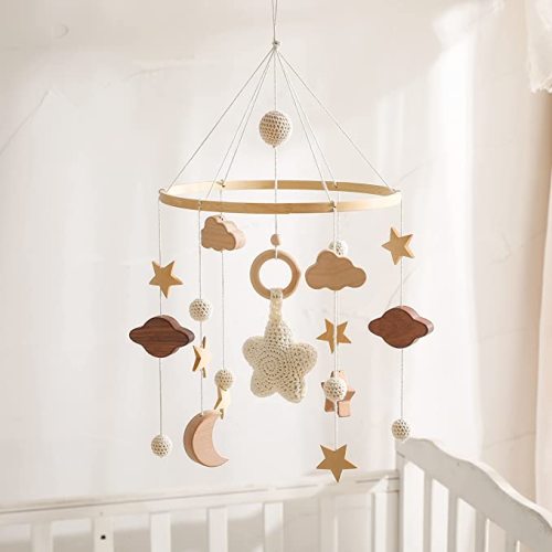 Baby Crib Mobile for Boys Girls| Boho Nursery Mobile| Gender Neutral Hand-Crocheted Mobile| Ceiling Mobile - Stars, Clouds, Moon - Galaxy Crib Mobile