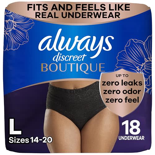 Always Discreet Boutique Incontinence and Postpartum Underwear for Women, Maximum Protection, L, Black, 18 Count (Packaging May Vary)