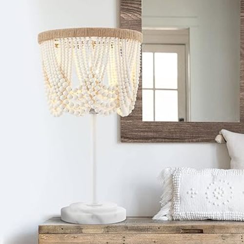 VILUXY Bohemia Wood Beaded Table Lamp Antique Rustic Bedside Nightstand Lamp White Finishing for Bedroom, Nursery Room, Girl Room, Hallway, Entryway, Passway, Dining Room