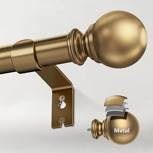 Heavy Duty Curtain Rods for Windows 32 to 60 Inch, 1 Inch Brush Gold Curtain Rods Adjustable and Easy Installation, Decorative Long Curtains Rod with Modern Design (W9,Gold,32-60")