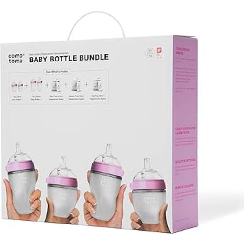 Comotomo Baby Bottle Bundle, Pink, (7 Piece Set)