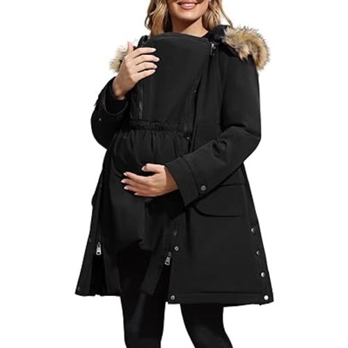Maacie Maternity Thicken Fleece Lined Parka Jacket Coat 2 in 1 Belted Hooded Warm Winter Coat Christmas Gifts for Women M