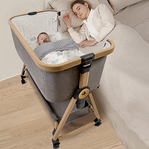 Baby Bassinet, Rocking Bassinets with Comfy Mattress and Wheels, 3 in 1 Bassinet Bedside Sleeper, Adjustable Height Easy Folding Portable Crib for Newborn (Grey)