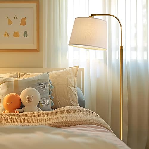 Oneach 62" Arc Floor Lamp for Living Rooms, Gold Tall Standing Lamps with Remote and Stepless Dimmable Bulb, Modern Reading Light for Bedrooms Corner Nursery Kid Office (Bulb Included)