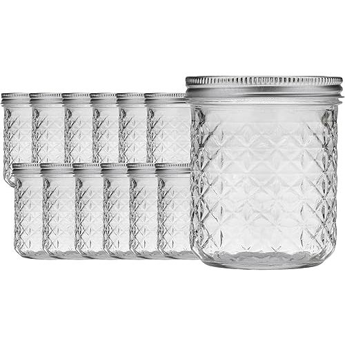 Ball Quilted Crystal Jelly Jars (Case of 12), 8 oz glass jars with lids, Canning Lids Wide Mouth, Storage Glass Jar With Airtight Lids And Bands For Preserving, Jam, Honey and Jelly