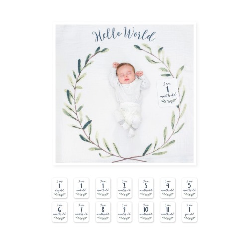 Baby's First Year Hello World Muslin Blanket & Milestone Card Set