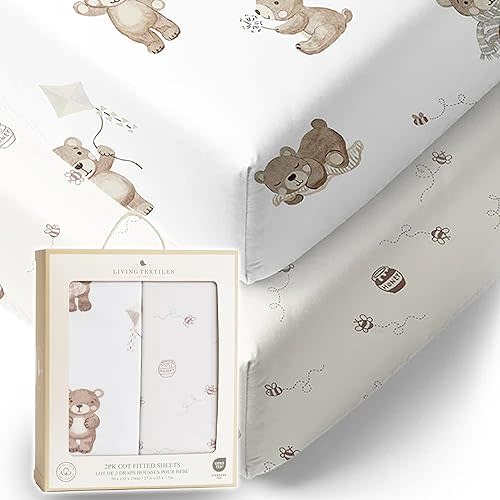 Living Textiles 100% Organic Cot Sheet Fitted 2 Pack -70x135cm, Premium Fabric for Baby's Best Comfort, Super Soft Baby for Crib Bed,Cot,Travel,Moisture Resistant (Cuddly Bear)