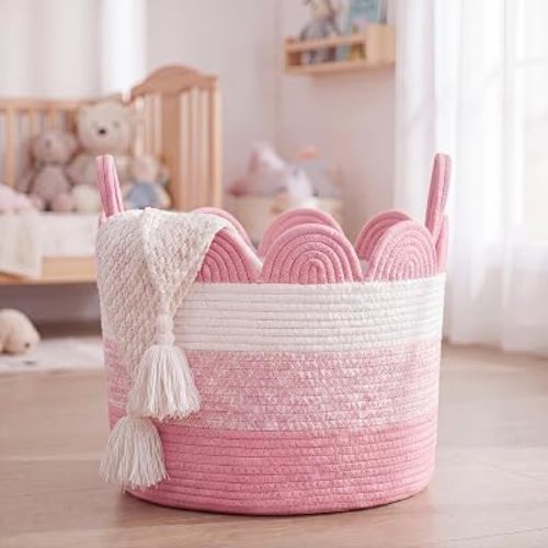 Pink Scalloped Woven Basket 25 L Large Cotton Rope Basket with Handle for Toy Blanket Gifts, Empty Reusable Storage Baskets for Baby Shower Nursery Classroom Closet Home Decor