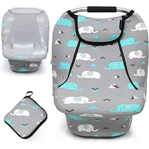 ACRABROS Car Seat Covers for Babies,All Season Infant Carseat Cover Canopy for Boys and Girls,Stretchy Adjustable Peeping Window with Mesh Cover,Warm Breathable Universal, Baby Elephant