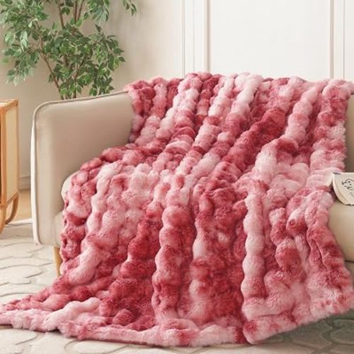 COOVA Faux Fur Throw Blanket for Couch, Cozy Soft and Fuzzy Plush Rabbit Fur Bubble Blanket for Sofa Bedroom Living Room, 50x60 Inches Tie Dye Magenta