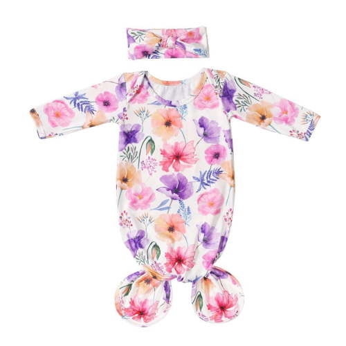 Baby Swaddle Wrap Baby Coming Home Outfit Knotted Sleep Gown Sleepwear Baby Knot Floral Long Sleeve Sleeping Gown With Headband Set Comfy Daily Receiving Blankets