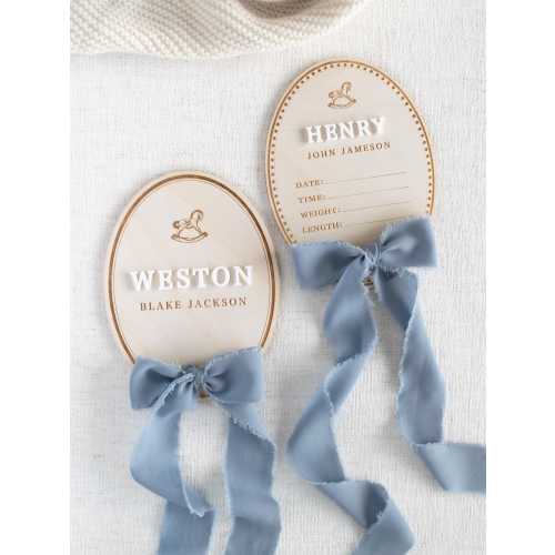 Baby Boy Name Announcement Sign: Newborn Hospital Birth Statistic with bow and rocking horse