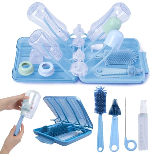 Portable Baby Bottle Cleaning Kit – BPA Free Baby Bottle Brush Set, 6 in 1 Travel Bottle Cleaner Kit with Silicone Brushes & Foldable Drying Rack – Essential Bottle Cleaner for Home & Travel
