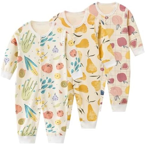 Chamie Unisex 3-Pack Organic Cotton Printing Clothes Footed Long Sleeve Bodysuit for Baby Boy and Girl