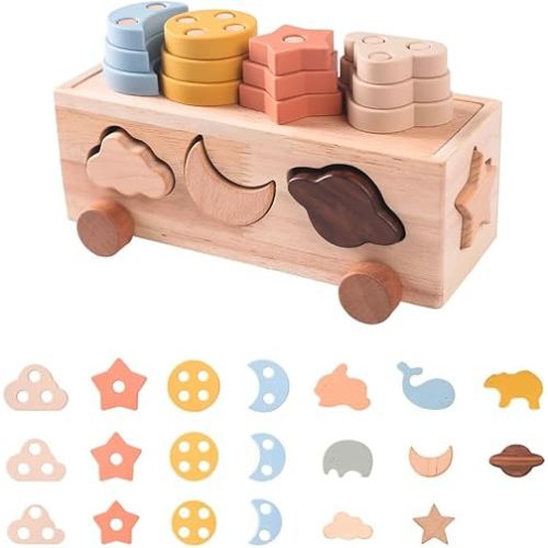 Wooden Toy Activity Center,Shape Sorter, Puzzles, Colorful Blocks, Educational Playset for Toddlers 2+