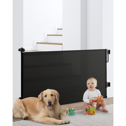 Ophanie Retractable Baby Safety Gate,Mesh Dog Pet Gate 33" Tall, Extends to 55" Wide, Indoor & Outdoor Child Gates for Stair&Doorways, Black