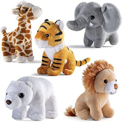 PREXTEX Safari Friends Stuffed Animal Gift Set - 5 Small Plush Stuffed Animals (Giraffe, Tiger, Lion, Polar Bear, Elephant) Zoo Animals - Machine Washable Stuffed Animals for Boys & Girls Ages 3-5+