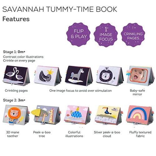 Taf Toys Savannah Infant Tummy-time Soft Crinkle Activity Book with Huge Baby Safe Mirror, 3D Activities, Textures and a Soft Baby Teether