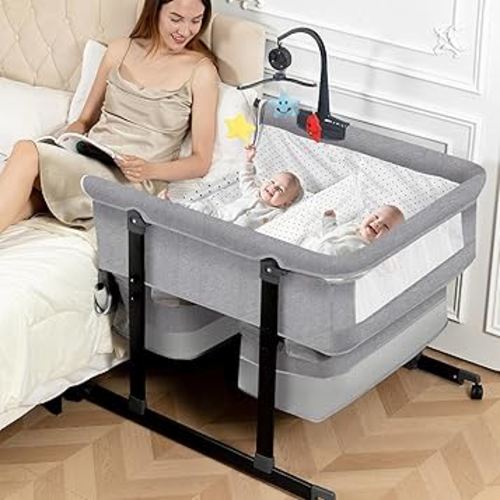 Twin Bassinet for 2 Babies, Double Bassinet for Twins with Music Toys, Mosquito Net & Storage Basket Portable Foldable Bedside Sleeper for Newborns, Grey