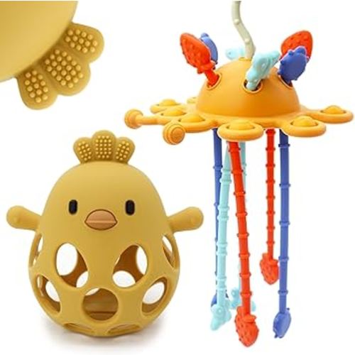 Baby Suction Toys Teething High Chair Toys - Baby Teething Chew Table Toy Silicone Teethers, Food Grade Silicon for 6 12 18 Months (Yellow)