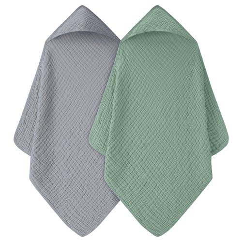 FIEMOL Baby Bath Towels, 100% Muslin Cotton Hooded Baby Towels for Newborn, 2 Pack Baby Towels with Hood for Infant Toddler and Kids, Large 32x32Inch, Soft and Absorbent