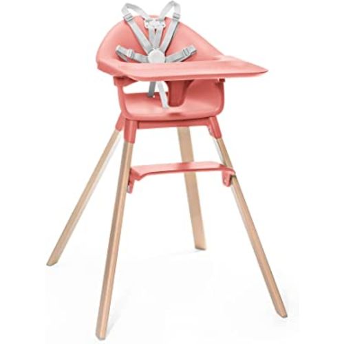 Stokke Clikk High Chair, Sunny Coral - All-in-One High Chair with Tray + Harness - Light, Durable & Travel Friendly - Ergonomic with Adjustable Features - Best for 6-36 Months or Up to 33 lbs