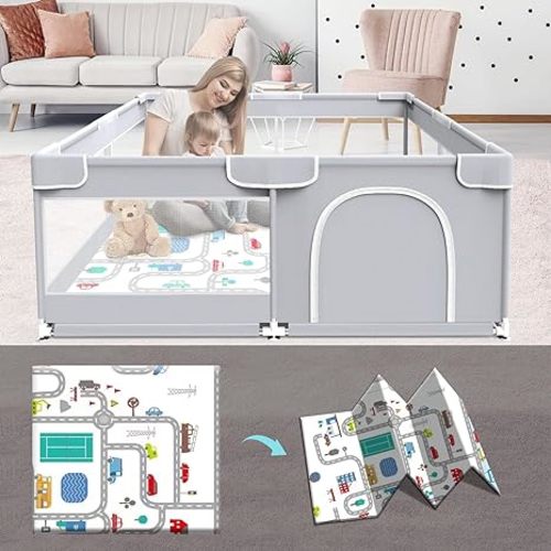 Baby Playpen with Mat, Baby Playpens for Babies and Toddlers, Baby Fence Play Pen for Indoor & Outdoor, Sturdy Safety Play Yard with Soft Breathable Mesh, 50 * 50 * 27 inches Grey - 50 x 50 IN+MAT