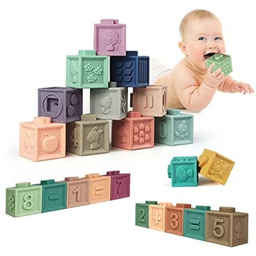 VIYIKO Soft Baby Blocks Toys 6 to 12 Months, Silicone Montessori Baby Stacking Building Blocks, Teething & Squeezing Toys for Babies Infants Toddlers, Cube Blocks with Numbers Animals Fruits Textures