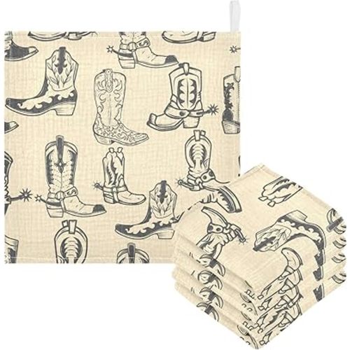 Cowboy Boots Baby Muslin Washcloths Face Towel, Western Burp Cloths Cotton Wipes 5 Pack Infant Wash Cloth for Newborn Boys Girls 12x12 inches