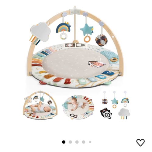 Blissful Diary Baby Play Gym & Activity Mat, 5 Developmental Zones Wooden Tummy Time Mat with 5 Detachable Sensory Toys for Motor Skills & Sensory Development, Baby Essentials Shower Gift